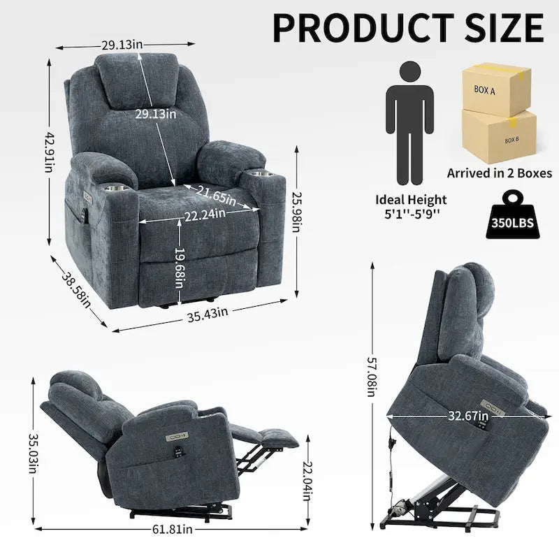 Fauteuil inclinable Blue Lift avec massage à 8 points, chauffage lombaire, deux ports USB et porte-gobelets en acier inoxydable