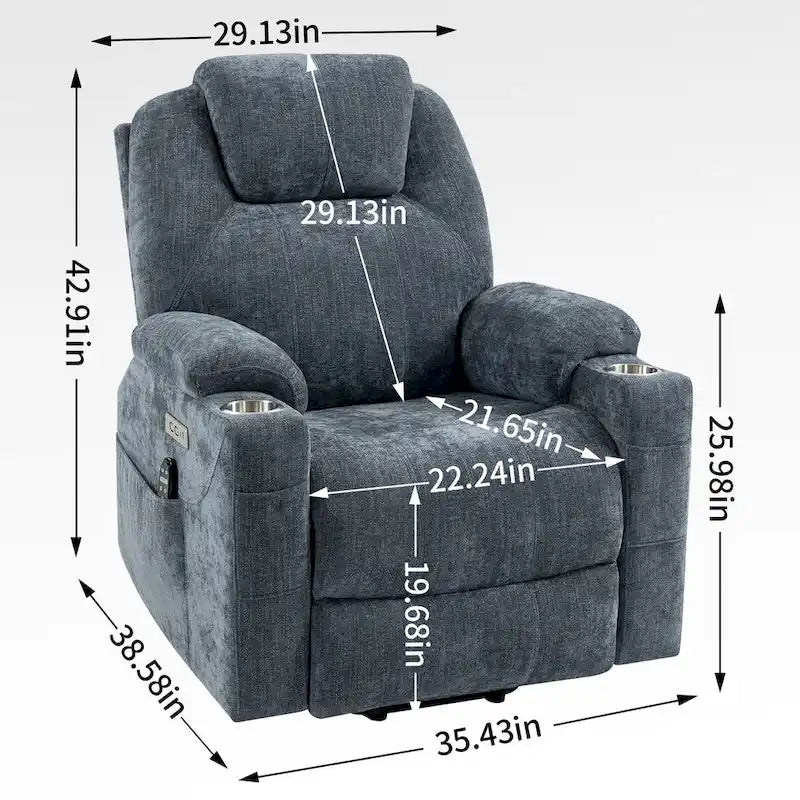 Fauteuil inclinable Blue Lift avec massage à 8 points, chauffage lombaire, deux ports USB et porte-gobelets en acier inoxydable