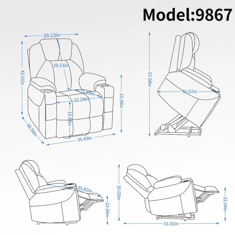 Fauteuil inclinable Blue Lift avec massage à 8 points, chauffage lombaire, deux ports USB et porte-gobelets en acier inoxydable