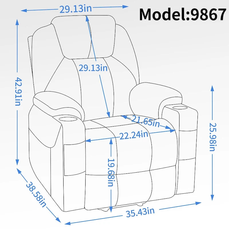 Fauteuil inclinable Blue Lift avec massage à 8 points, chauffage lombaire, deux ports USB et porte-gobelets en acier inoxydable