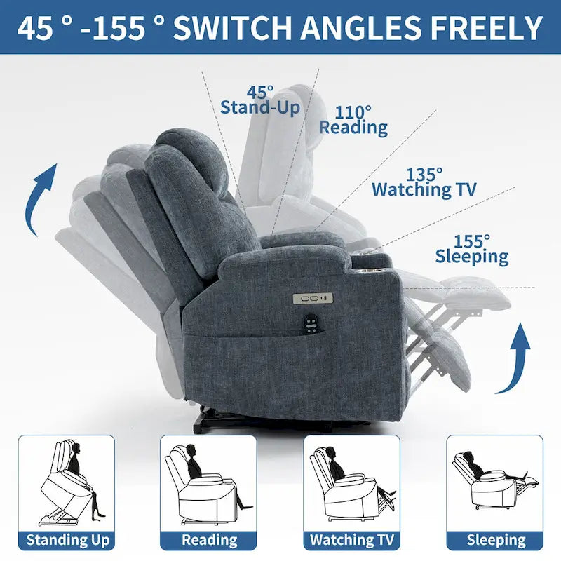 Fauteuil inclinable Blue Lift avec massage à 8 points, chauffage lombaire, deux ports USB et porte-gobelets en acier inoxydable