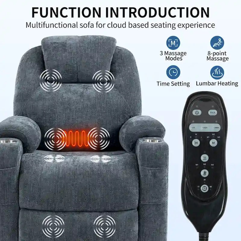 Fauteuil inclinable Blue Lift avec massage à 8 points, chauffage lombaire, deux ports USB et porte-gobelets en acier inoxydable