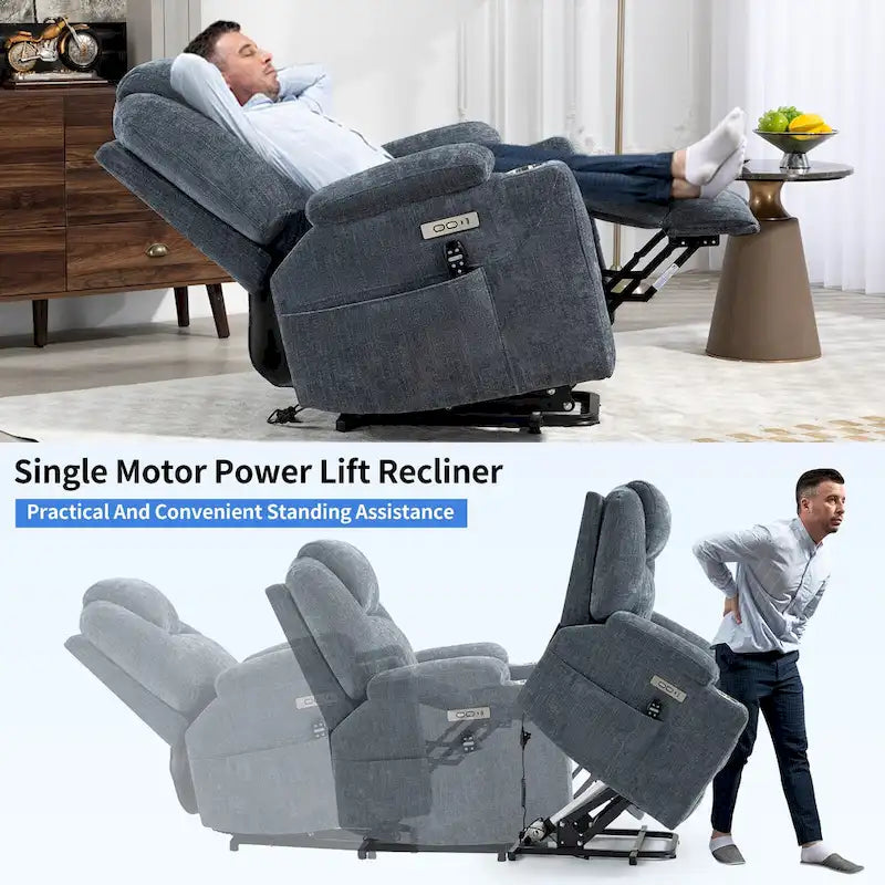 Fauteuil inclinable Blue Lift avec massage à 8 points, chauffage lombaire, deux ports USB et porte-gobelets en acier inoxydable