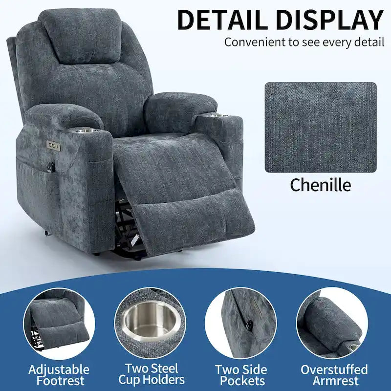 Fauteuil inclinable Blue Lift avec massage à 8 points, chauffage lombaire, deux ports USB et porte-gobelets en acier inoxydable