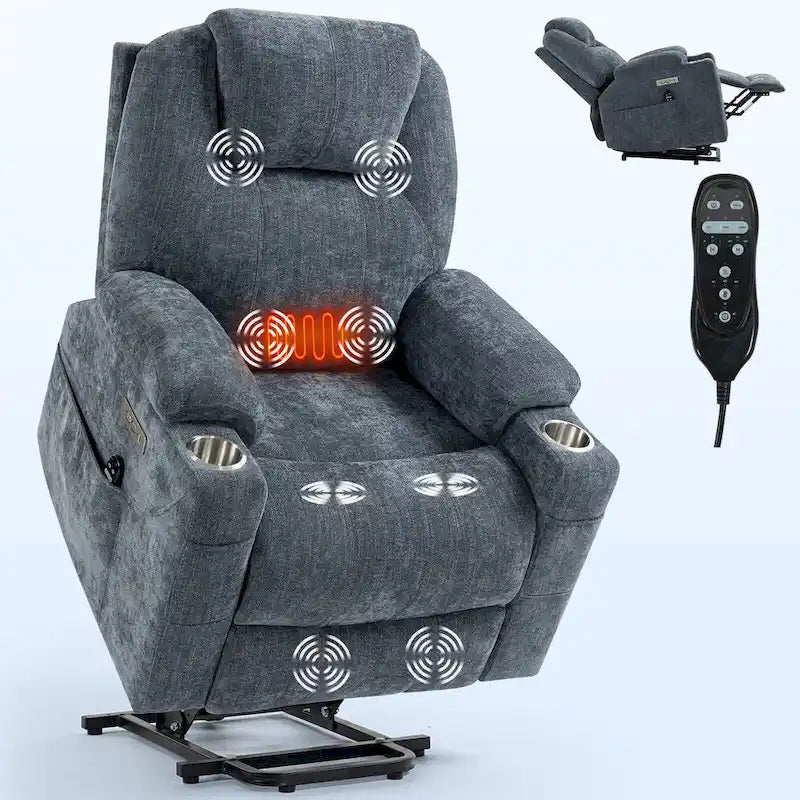 Fauteuil inclinable Blue Lift avec massage à 8 points, chauffage lombaire, deux ports USB et porte-gobelets en acier inoxydable