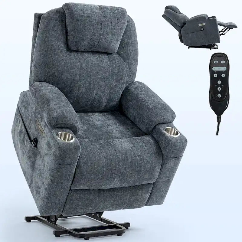 Fauteuil inclinable Blue Lift avec massage à 8 points, chauffage lombaire, deux ports USB et porte-gobelets en acier inoxydable