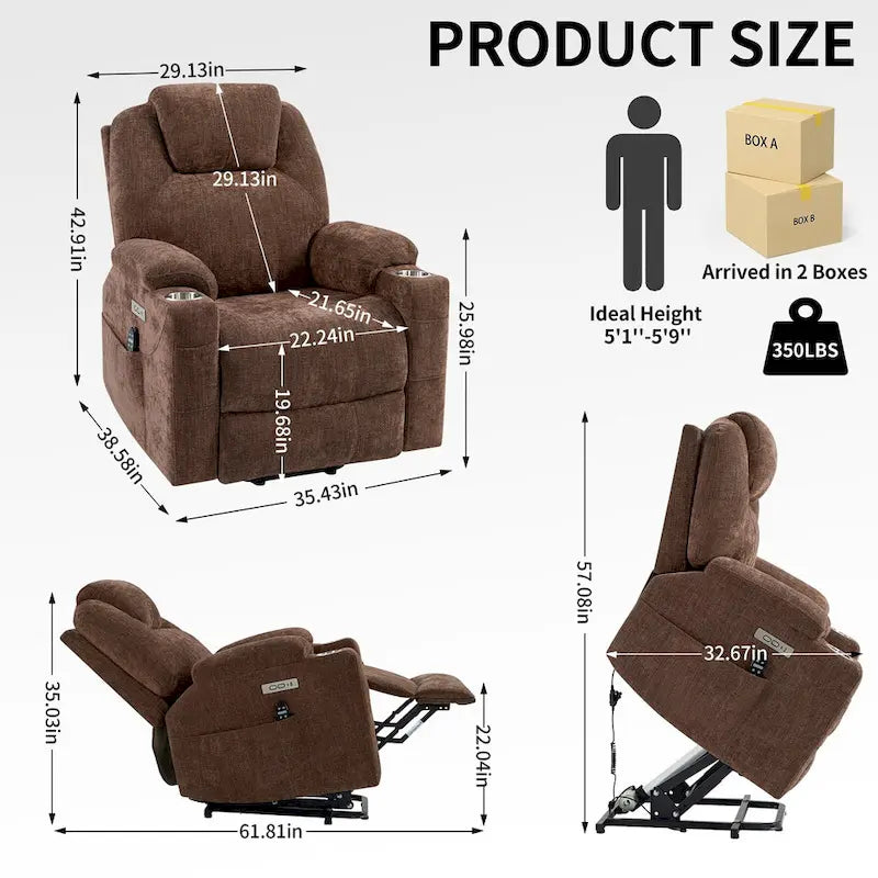 Fauteuil inclinable Blue Lift avec massage à 8 points, chauffage lombaire, deux ports USB et porte-gobelets en acier inoxydable