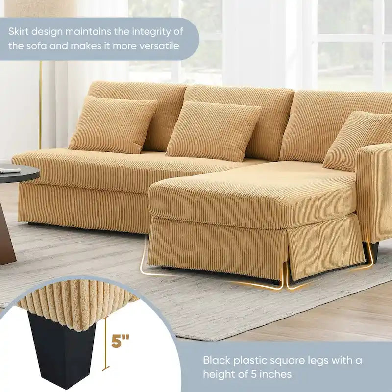 Canapé d'angle 3 places jaune 87 avec méridienne réversible et 3 coussins, design gain de place pour le salon