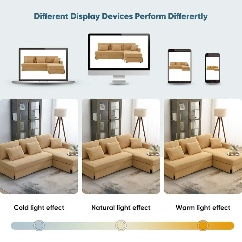 Canapé d'angle 3 places jaune 87 avec méridienne réversible et 3 coussins, design gain de place pour le salon