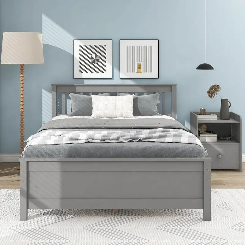 Lit plateforme en pin gris, taille standard, avec tête et pied de lit