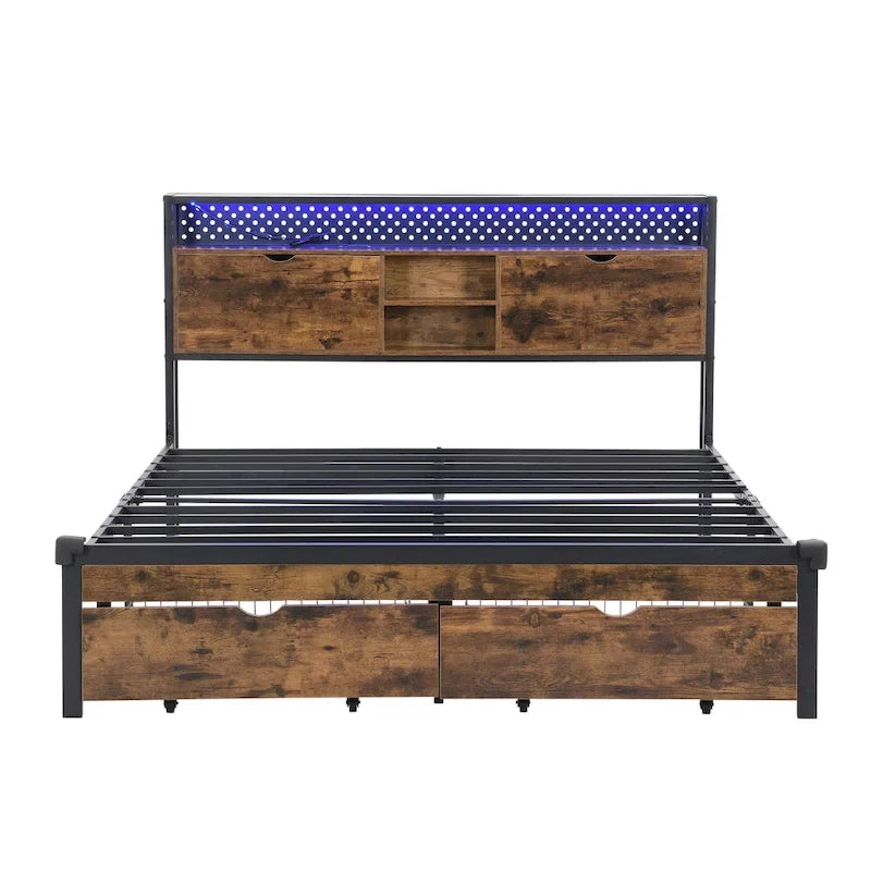 Lit King Size en métal noir et marron avec tête de lit en bois et éclairage LED