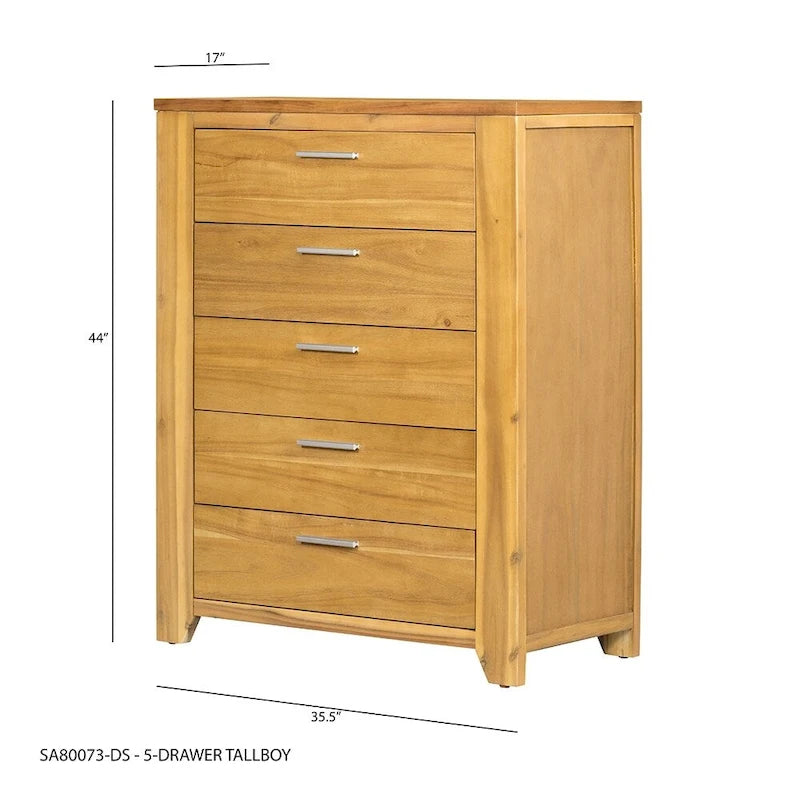 Commode verticale à 5 tiroirs en bois massif avec poignée en métal pour chambre ou salon