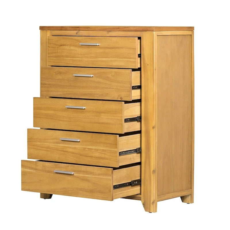 Commode verticale à 5 tiroirs en bois massif avec poignée en métal pour chambre ou salon