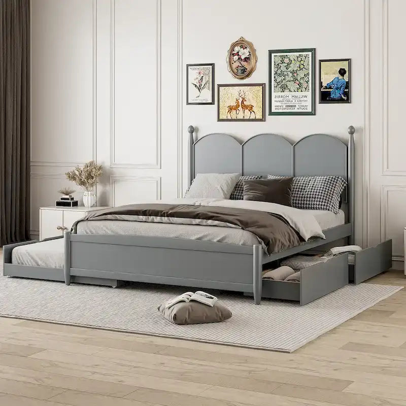 Cadre de lit Queen Size avec lit gigogne Twin XL et 2 grands tiroirs, lit plateforme en bois avec tête de lit et sommier à lattes