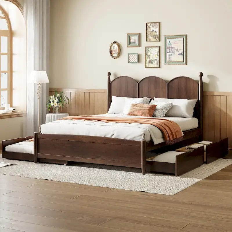 Cadre de lit Queen Size avec lit gigogne Twin XL et 2 grands tiroirs, lit plateforme en bois avec tête de lit et sommier à lattes