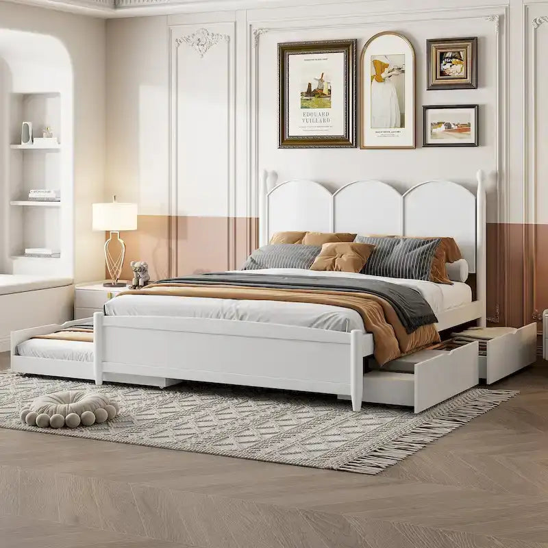 Cadre de lit Queen Size avec lit gigogne Twin XL et 2 grands tiroirs, lit plateforme en bois avec tête de lit et sommier à lattes