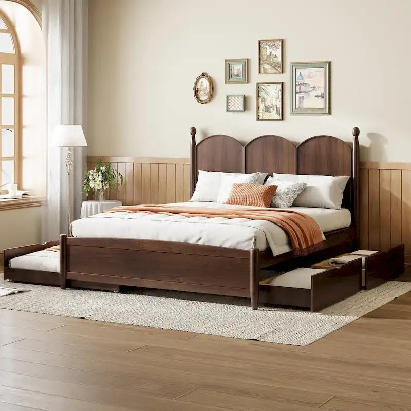 Cadre de lit Queen Size avec lit gigogne Twin XL et 2 grands tiroirs, lit plateforme en bois avec tête de lit et sommier à lattes