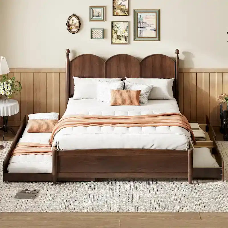 Cadre de lit Queen Size avec lit gigogne Twin XL et 2 grands tiroirs, lit plateforme en bois avec tête de lit et sommier à lattes