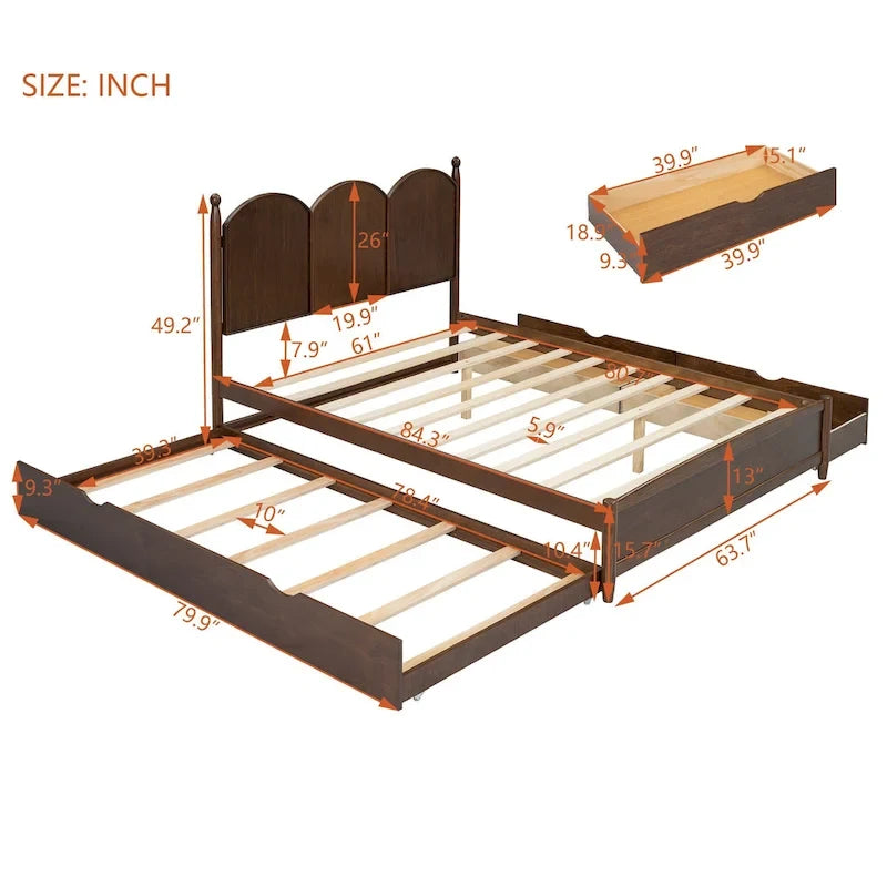 Cadre de lit Queen Size avec lit gigogne Twin XL et 2 grands tiroirs, lit plateforme en bois avec tête de lit et sommier à lattes