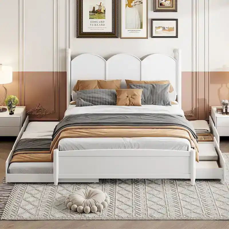 Cadre de lit Queen Size avec lit gigogne Twin XL et 2 grands tiroirs, lit plateforme en bois avec tête de lit et sommier à lattes