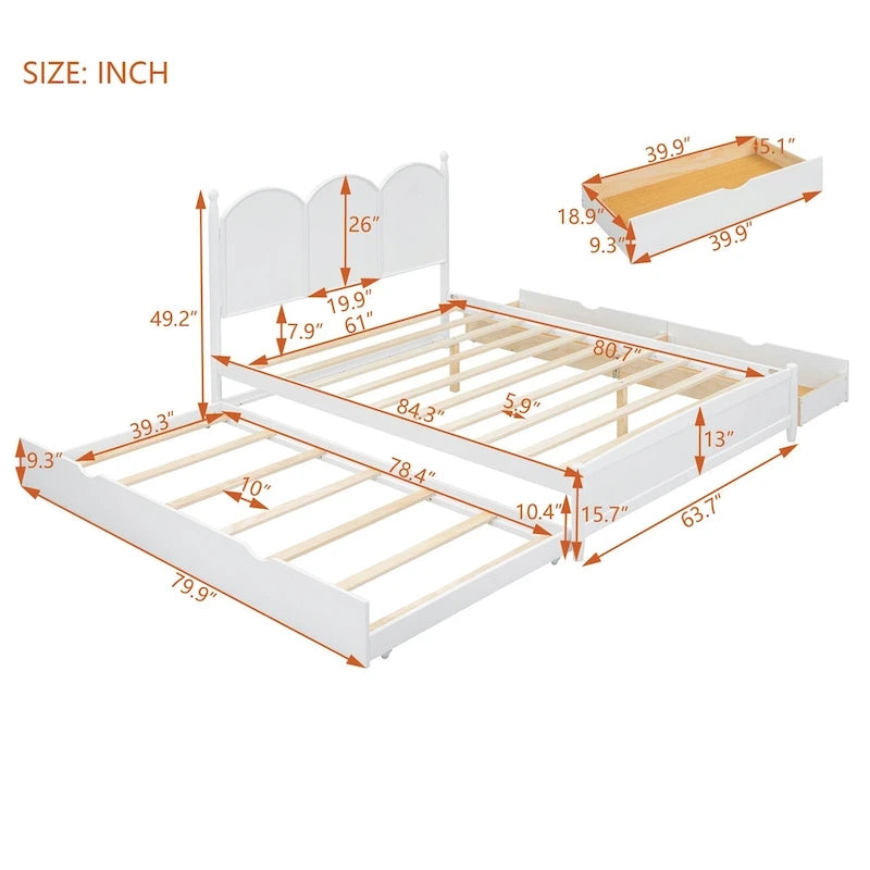 Cadre de lit Queen Size avec lit gigogne Twin XL et 2 grands tiroirs, lit plateforme en bois avec tête de lit et sommier à lattes