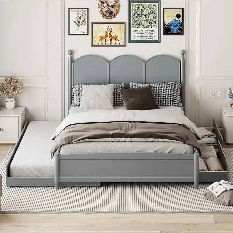 Cadre de lit Queen Size avec lit gigogne Twin XL et 2 grands tiroirs, lit plateforme en bois avec tête de lit et sommier à lattes