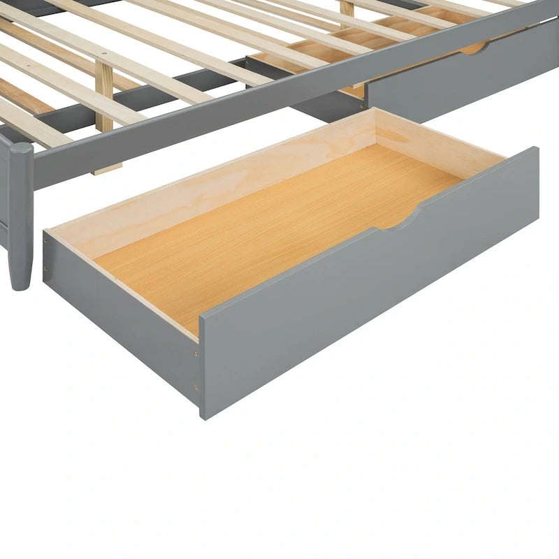 Cadre de lit Queen Size avec lit gigogne Twin XL et 2 grands tiroirs, lit plateforme en bois avec tête de lit et sommier à lattes