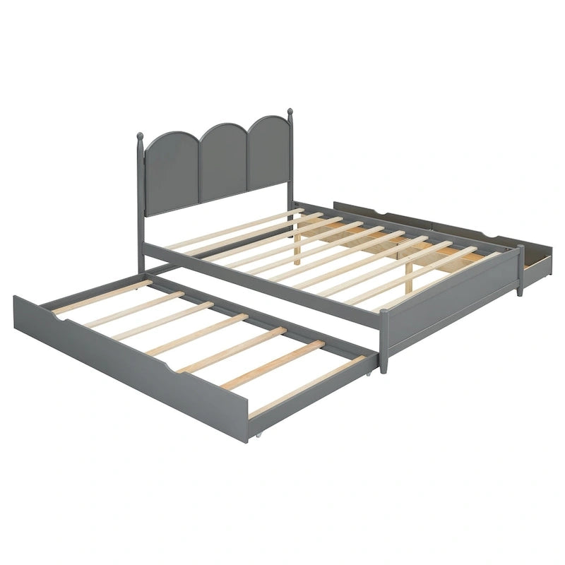 Cadre de lit Queen Size avec lit gigogne Twin XL et 2 grands tiroirs, lit plateforme en bois avec tête de lit et sommier à lattes