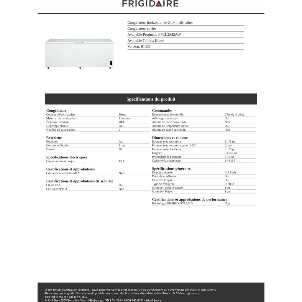 Congélateur coffre Frigidaire (FFCL2542AW) - Blanc