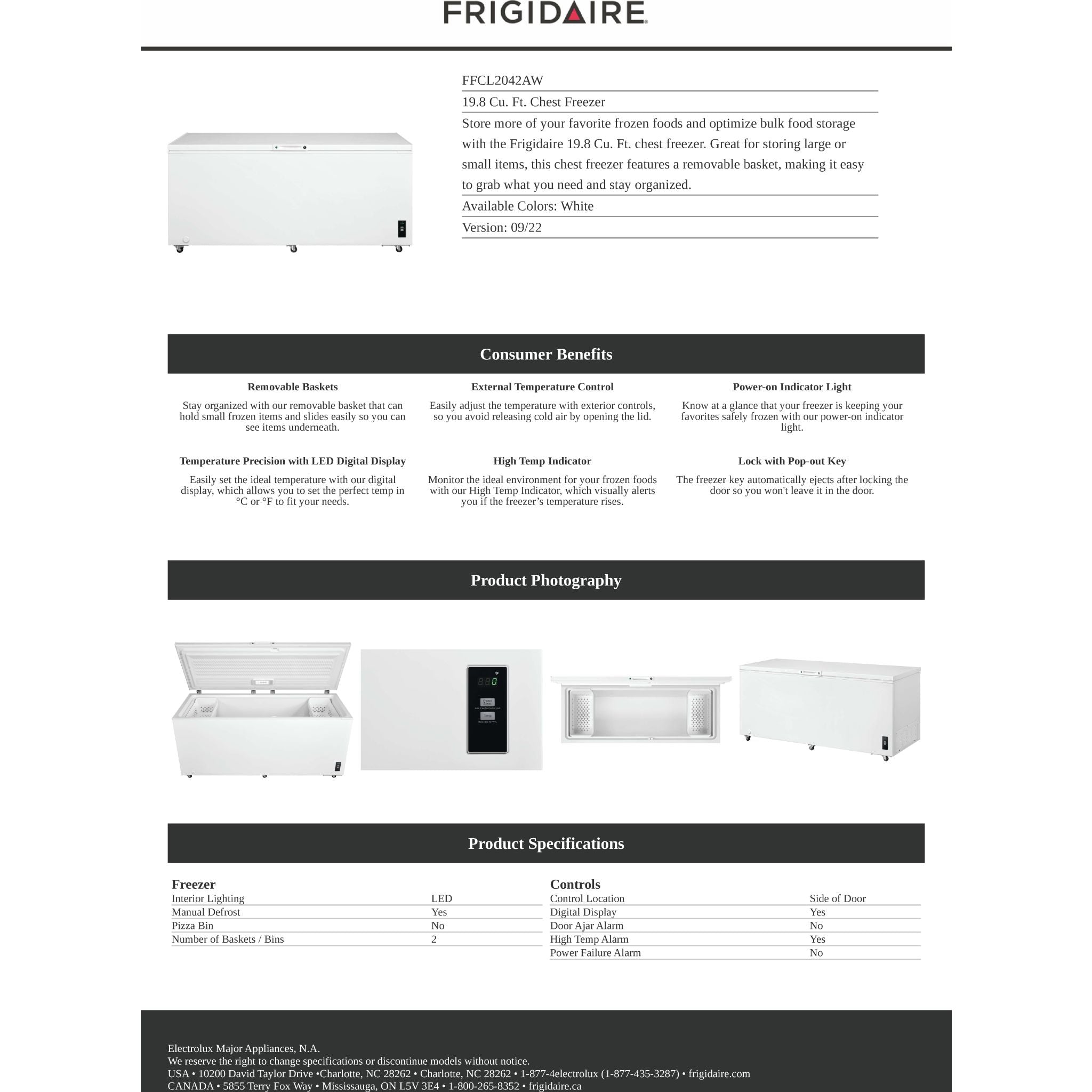 Congélateur coffre Frigidaire (FFCL2042AW) - Blanc