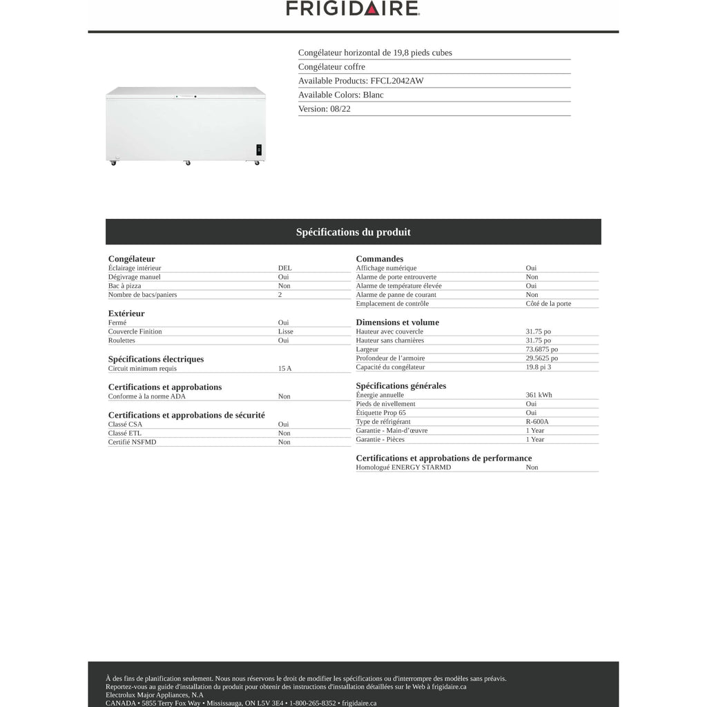 Congélateur coffre Frigidaire (FFCL2042AW) - Blanc