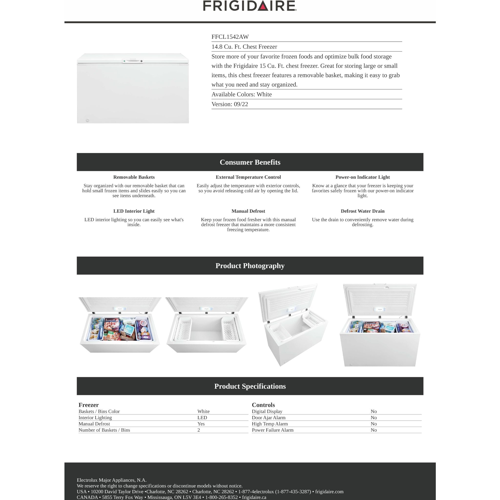 Congélateur coffre Frigidaire (FFCL1542AW) - Blanc