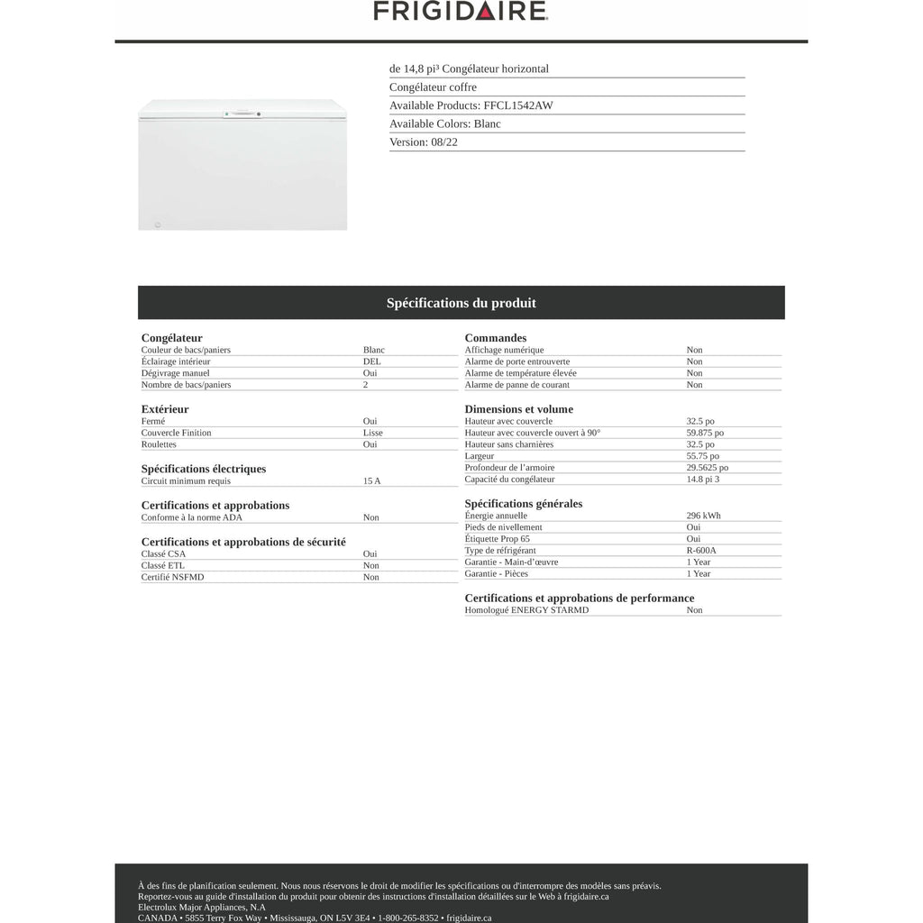 Congélateur coffre Frigidaire (FFCL1542AW) - Blanc