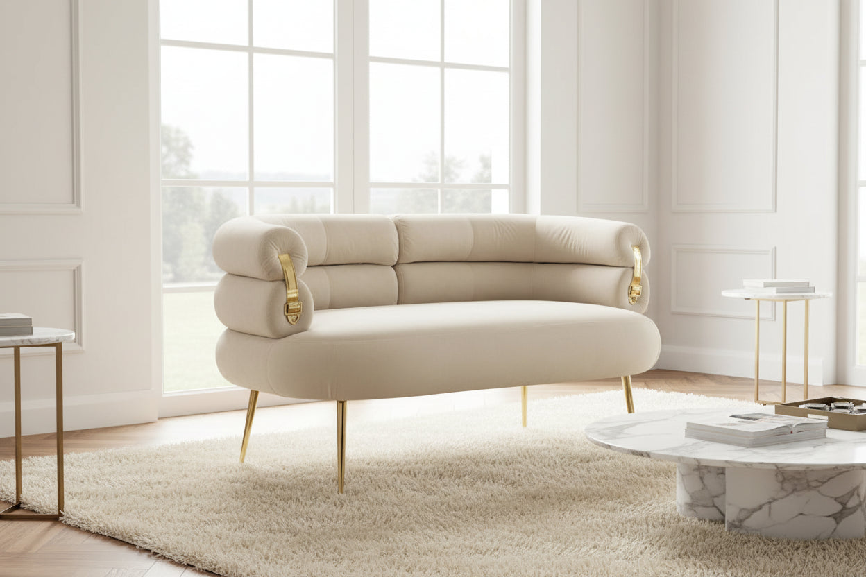 Fauteuil long d'appoint tubulaire recouvert de velours avec pieds dorés