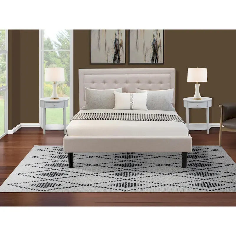 Lit plateforme East West Furniture - Tête de lit en lin denim avec garniture capitonnée à boutons - Pieds noirs (Taille et finition au choix)