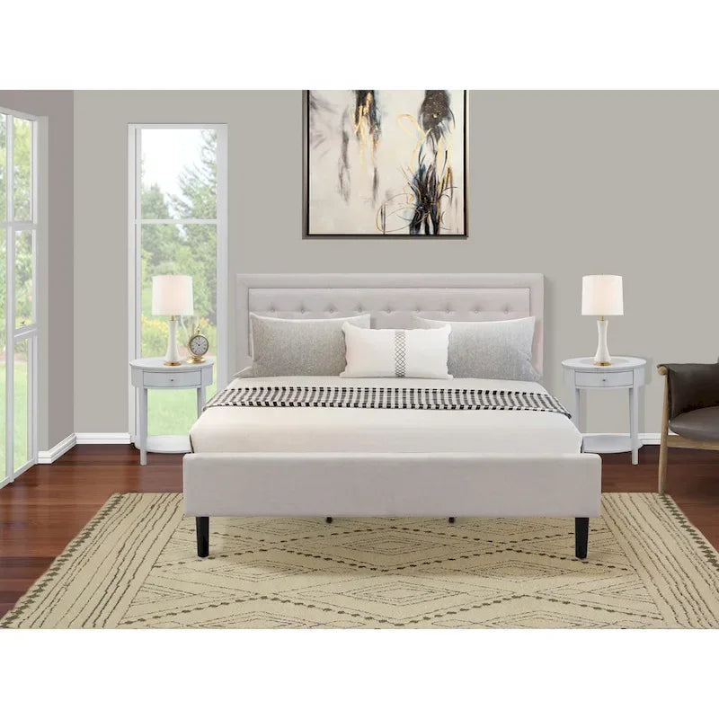 Lit plateforme East West Furniture - Tête de lit en lin denim avec garniture capitonnée à boutons - Pieds noirs (Taille et finition au choix)