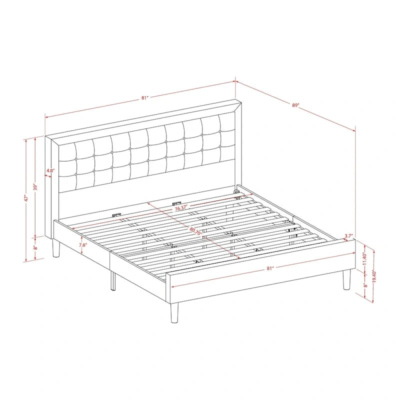 Lit plateforme East West Furniture - Tête de lit en lin denim avec garniture capitonnée à boutons - Pieds noirs (Taille et finition au choix)