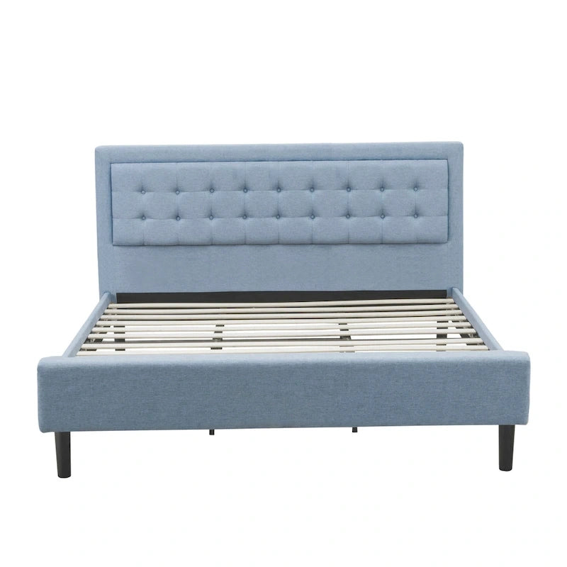 Lit plateforme East West Furniture - Tête de lit en lin denim avec garniture capitonnée à boutons - Pieds noirs (Taille et finition au choix)