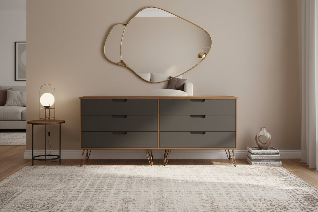 Manhattan Comfort Rockefeller 6-Drawer Double Low Dresser with Metal Legs