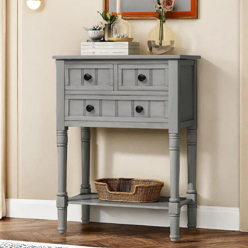 Table étroite, console rustique, table d'appoint fine, trois tiroirs de rangement et étagère inférieure