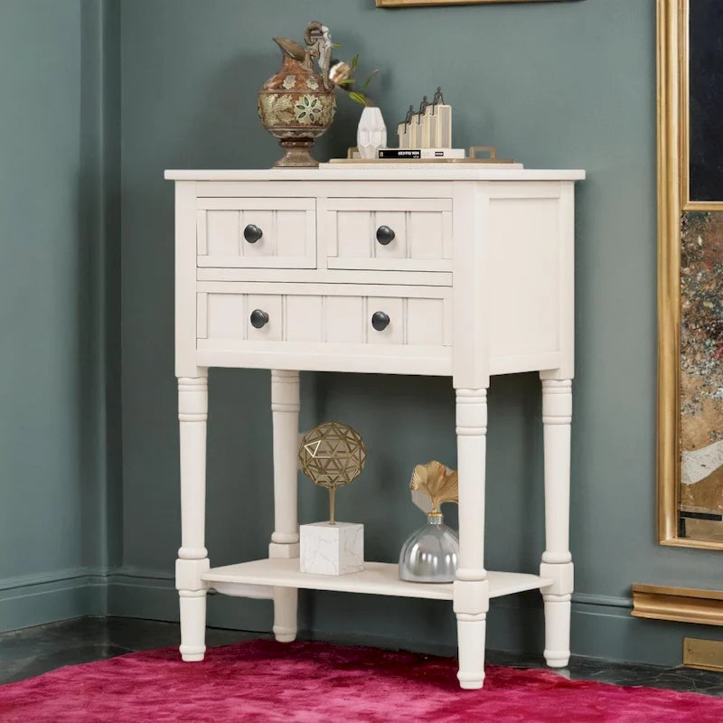 Table étroite, console rustique, table d'appoint fine, trois tiroirs de rangement et étagère inférieure