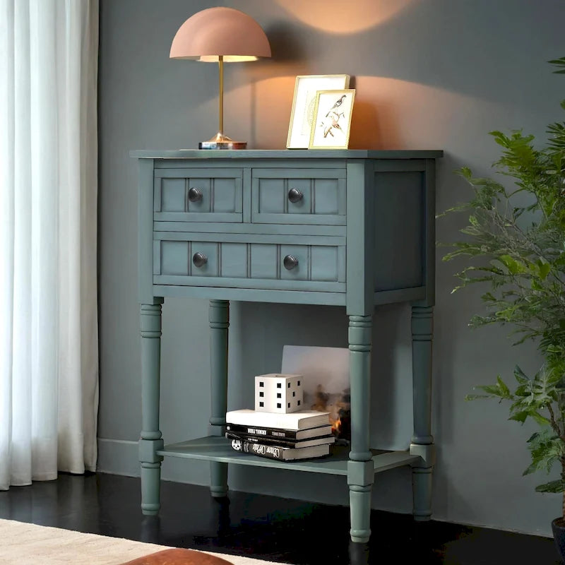 Table étroite, console rustique, table d'appoint fine, trois tiroirs de rangement et étagère inférieure