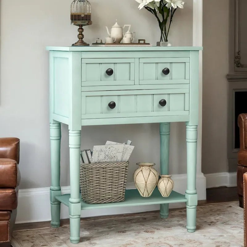 Table étroite, console rustique, table d'appoint fine, trois tiroirs de rangement et étagère inférieure