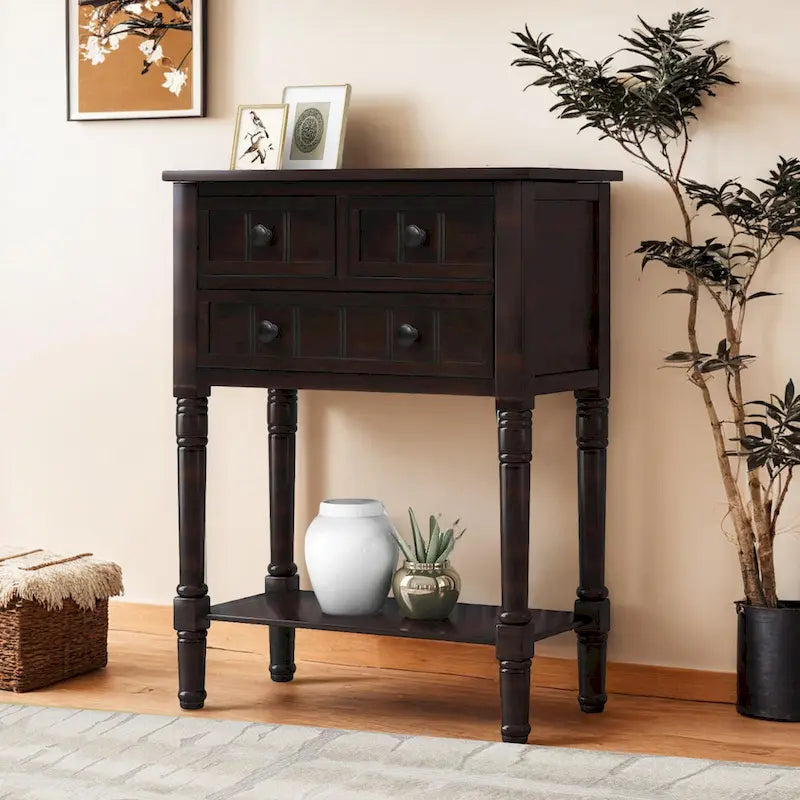 Table étroite, console rustique, table d'appoint fine, trois tiroirs de rangement et étagère inférieure