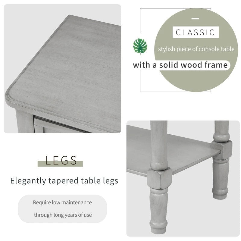 Table étroite, console rustique, table d'appoint fine, trois tiroirs de rangement et étagère inférieure