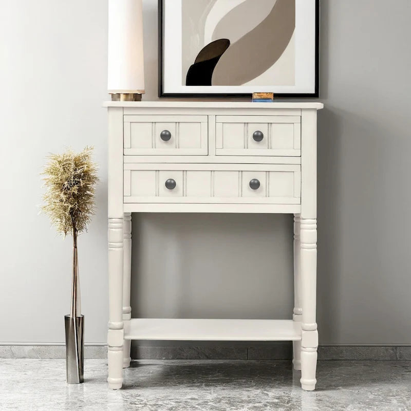 Table étroite, console rustique, table d'appoint fine, trois tiroirs de rangement et étagère inférieure