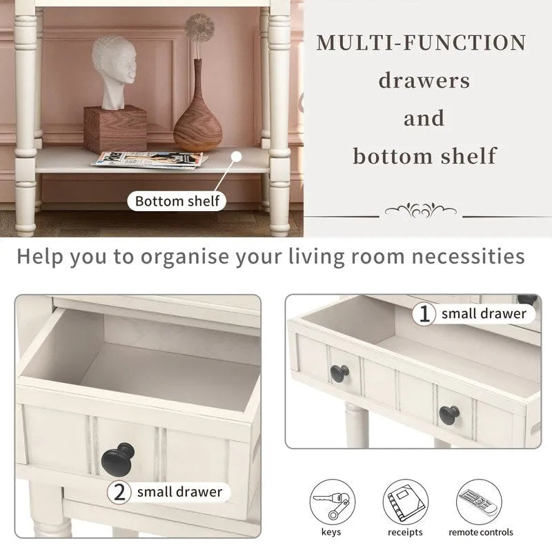 Table étroite, console rustique, table d'appoint fine, trois tiroirs de rangement et étagère inférieure