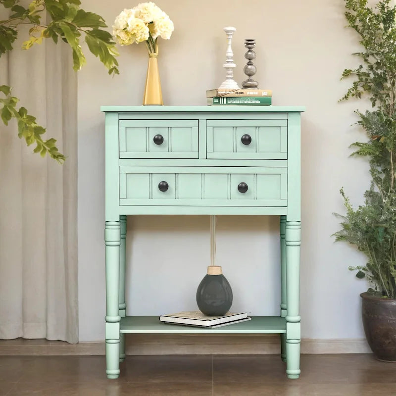 Table étroite, console rustique, table d'appoint fine, trois tiroirs de rangement et étagère inférieure
