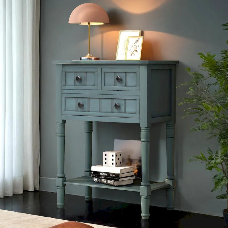 Table étroite, console rustique, table d'appoint fine, trois tiroirs de rangement et étagère inférieure