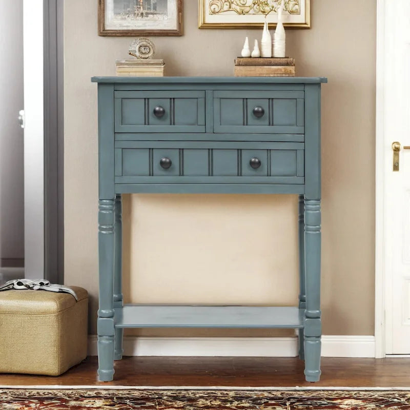 Table étroite, console rustique, table d'appoint fine, trois tiroirs de rangement et étagère inférieure